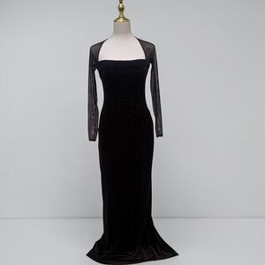 VTG 90s Cache Velvet Beaded Evening Gown XS Brown Sheer Mesh Maxi FairyGrunge